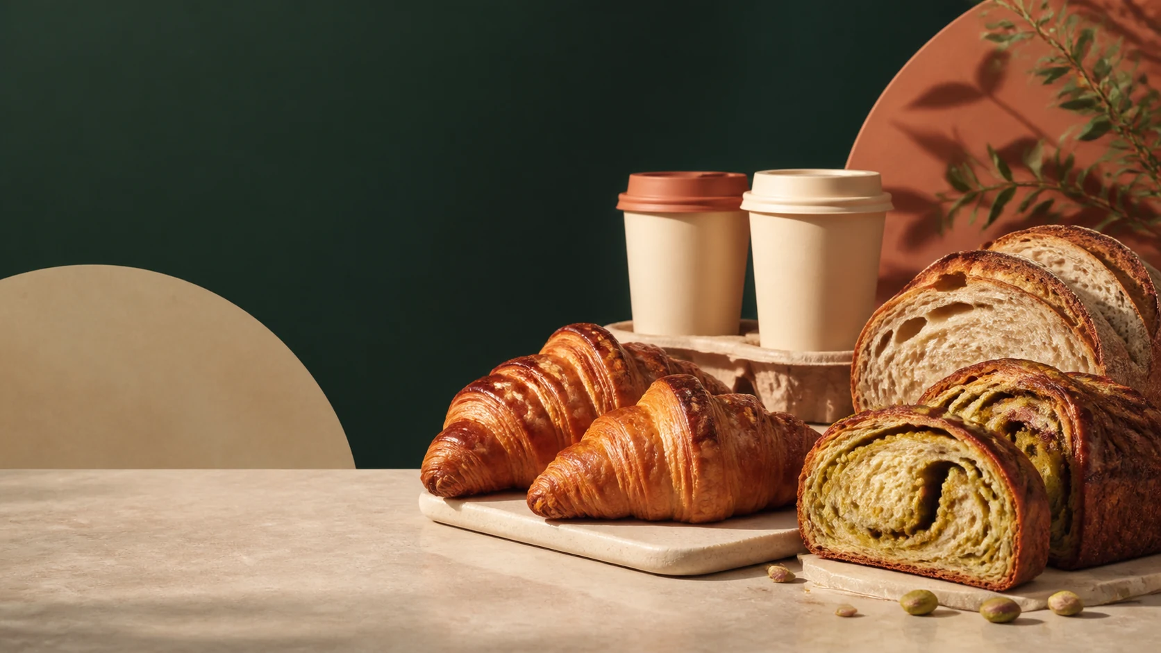 Kruvasan, ekşi maya ekmek, kahve bardakları ve paketli ürünlerle bakery kampanya görseli