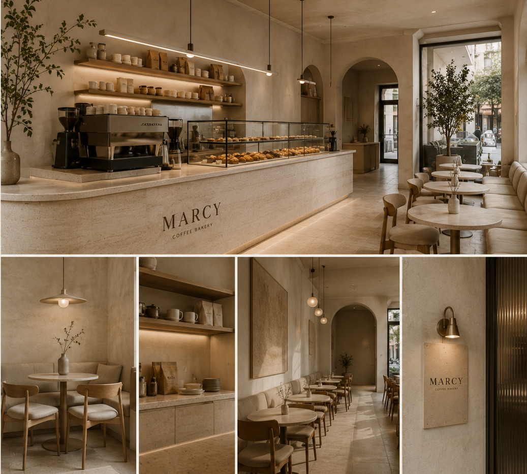 Marcy Coffee Bakery'nin kahve barı, fırın vitrini ve sıcak oturma alanlarından detaylar