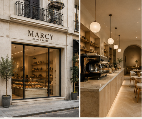Marcy Coffee Bakery'nin dış cephesi ve sıcak tonlardaki kahve barı
